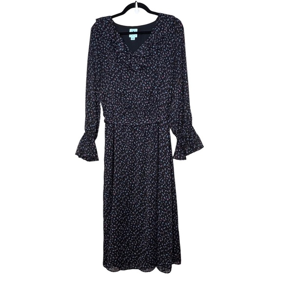 CeCe Womens 14 Black Floral Dress Semi Sheer Long Sleeves Ruffle V-Neck - Picture 1 of 14